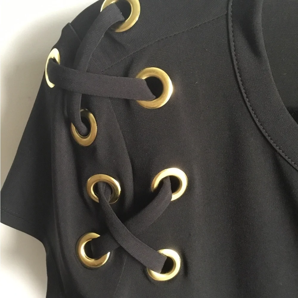 Casual Chic Michael Kors Black Eyelet Gold Trim Midi Dress Size Small